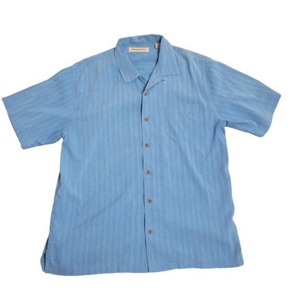 Tommy Bahama Mens Size Large Blue 100% Silk Short Sleeve Hawaiian Camp Shirt